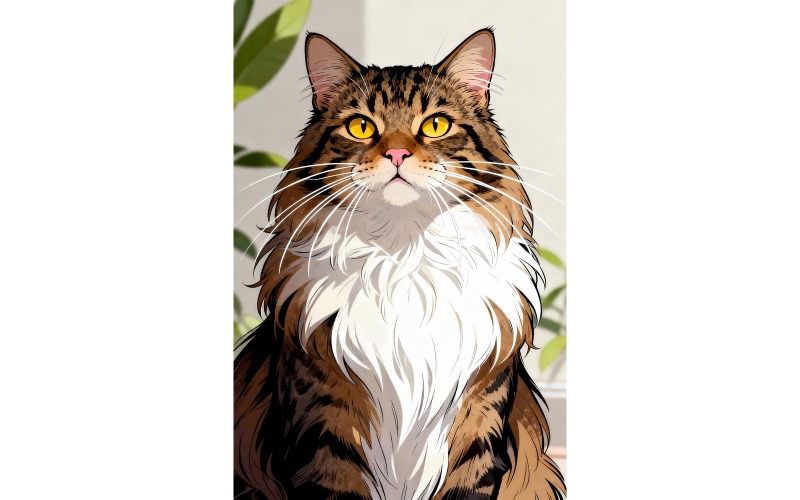 Dikey Çekim Uzun Tüylü Kahverengi Kedi Arka Plana Bakıyor (AI İllüstrasyon Görüntüsü + Vektör Çizim)