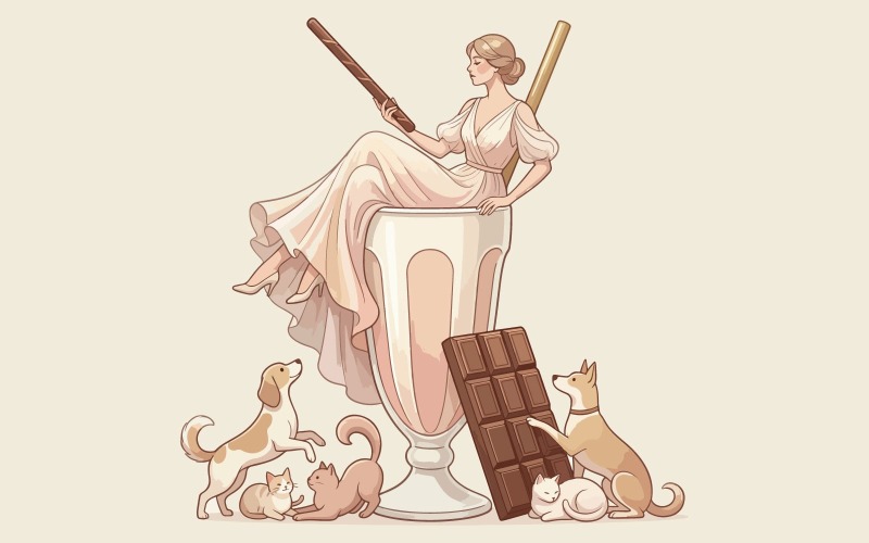 Een illustratie van een vriendelijke levensstijl met een vrouw, huisdieren en eten, geschikt voor posters en prints.