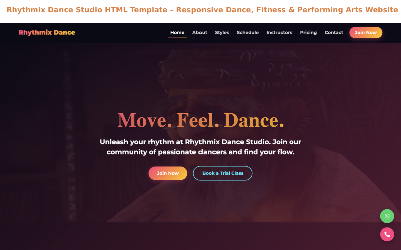 Rhythmix Dance Studio HTML-mall – Responsiv webbplats för dans, fitness och scenkonst