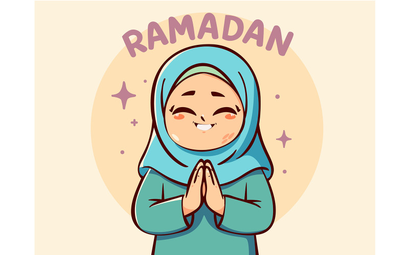 Tecknad film av flicka som firar Ramadan