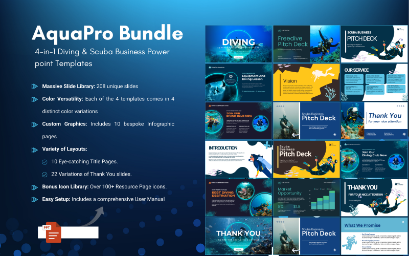 Pacchetto AquaPro: modelli PowerPoint 4 in 1 per immersioni e attività subacquee