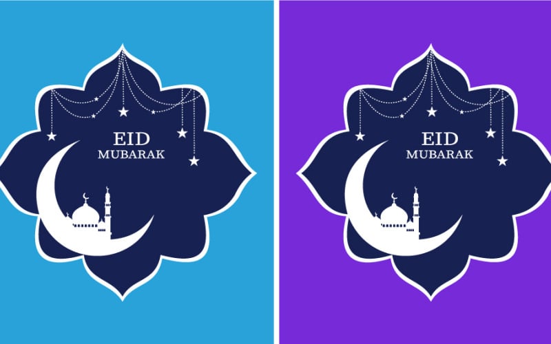 Carte de vœux pour l'Aïd Moubarak avec ornement de mosquée en forme de croissant de lune dans un cadre floral