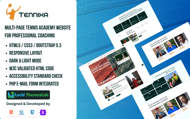 Tennixa – Modèle de site web multipage pour académie de tennis et de sport (HTML, Bootstrap 5)