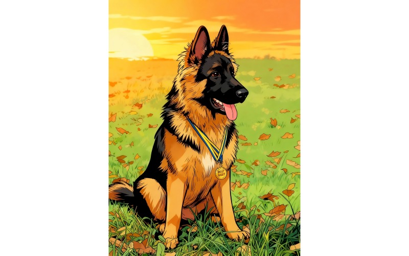 Berger allemand champion assis dans l'herbe (Illustration IA + Dessin vectoriel)