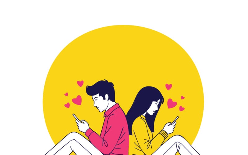Couple assis dos à dos utilisant des téléphones sous un fond de cercle jaune vif