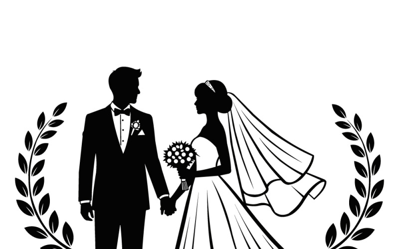 Elegante silhouette di coppia di sposi con velo, bouquet, sposi, cornici di alloro, nastro