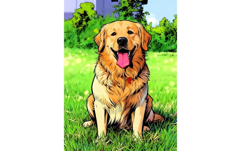 Golden Retriever-porträtt med grönt gräs (AI-illustrationsbild + vektorgrafik)