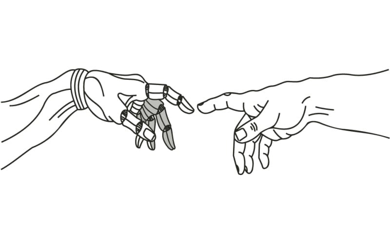 Mains humaine et robotique se tendant l'une vers l'autre : la technologie au service de l'humanité.