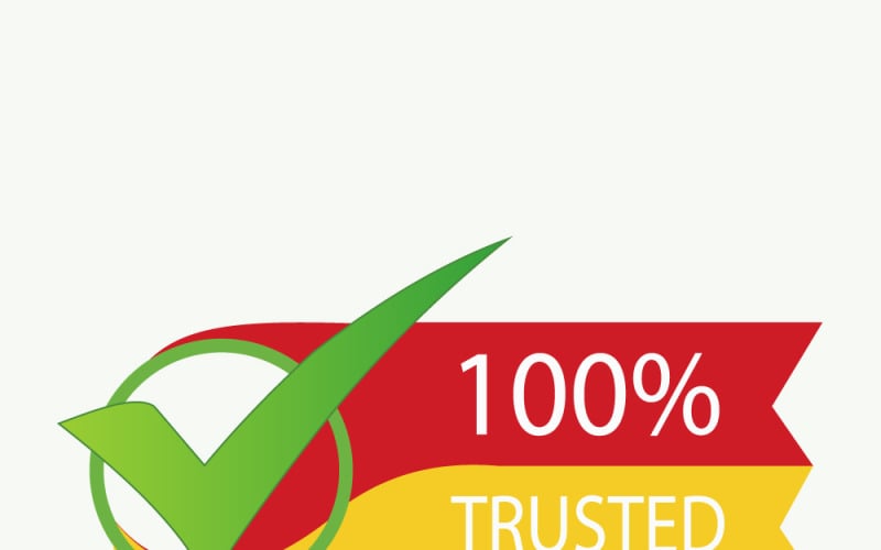 100% 可信徽章，带有红色和黄色丝带上的绿色对勾