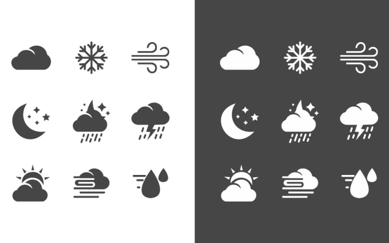 Väderikonuppsättning: Moln, snö, vind, måne, stjärnor, regn, åska, sol och dag- och nattsymboler