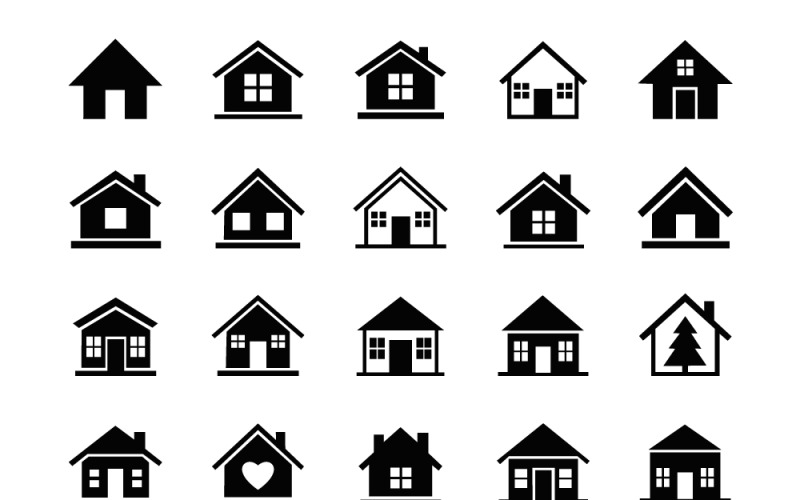 Una colección diversa de 25 íconos minimalistas de casas negras y símbolos del hogar sobre fondo blanco.