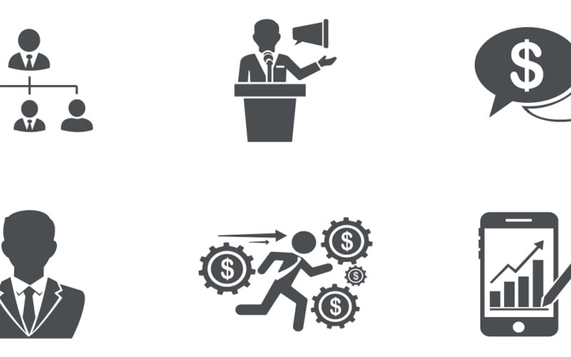 Iconen voor bedrijfsleiderschap, spreken in het openbaar, financiën en mobiele analyses, gebruikt in een marketingcampagne voor bedrijven.