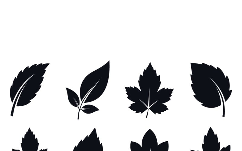 Collection variée d'icônes vectorielles élégantes représentant des silhouettes de feuilles noires sur un fond blanc épuré.