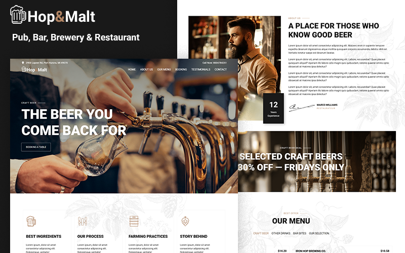 Hop&Malt – Modelo de Landing Page HTML5 para Pub, Bar, Cervejaria e Restaurante