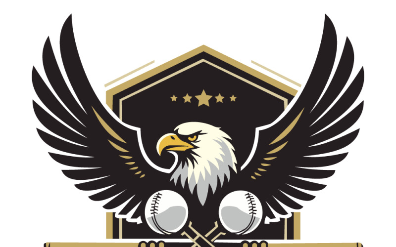 Maestoso logo sportivo con aquila calva e emblema di mazze da baseball incrociate e palline