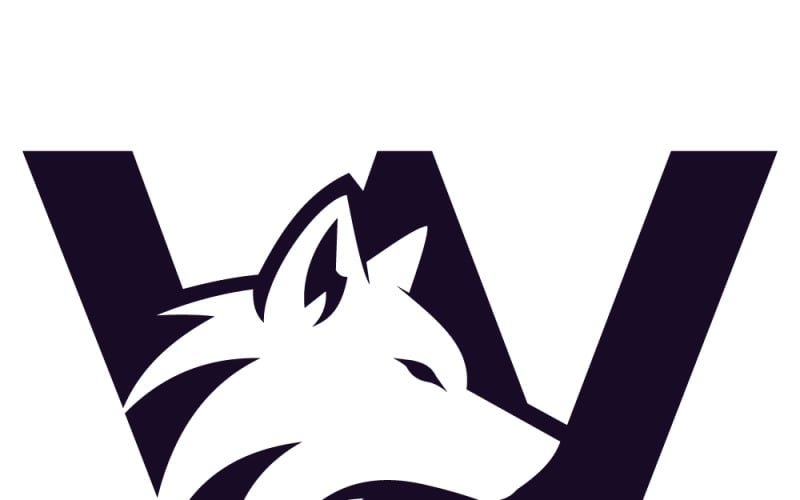 Logo minimaliste de tête de loup intégré à la lettre w en blanc et violet foncé