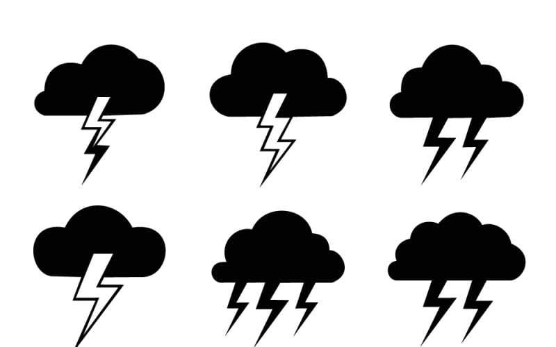 Varie icone nere di tempeste e fulmini che raffigurano condizioni meteorologiche avverse e fenomeni naturali