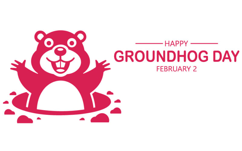 A cheerful cartoon groundhog pops out of its burrow to celebrate groundhog day