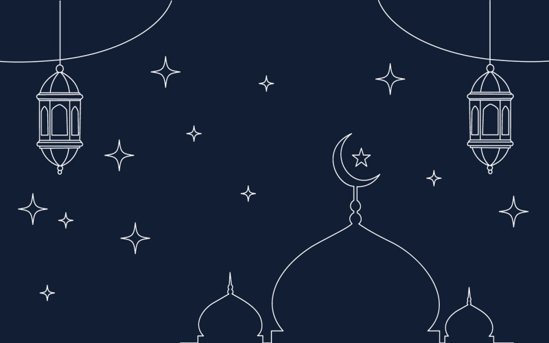 Elegante cena noturna islâmica com cúpulas de mesquita, lua crescente, estrelas e lanternas suspensas.
