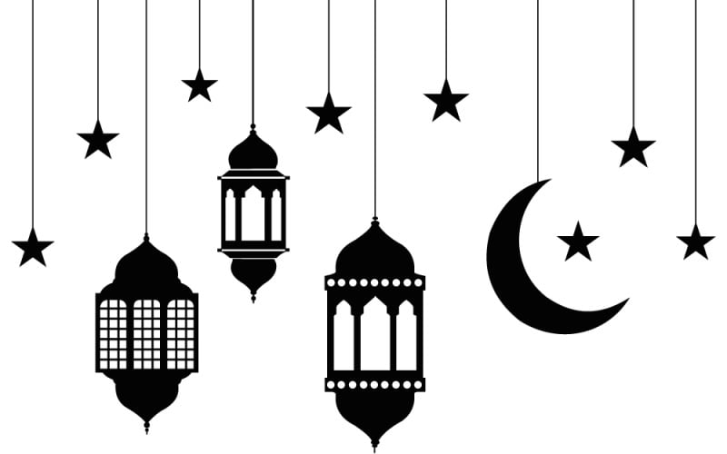 Ramadán kareem design s visícími lucernami fanoos, půlměsícem a hvězdami