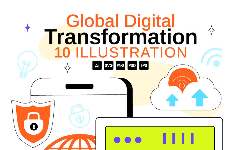 10 Illustration av global digital transformation