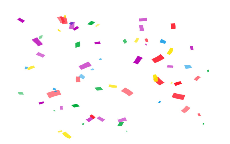 Des confettis aux couleurs vives tombent et se dispersent sur un fond blanc