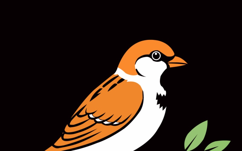 Ярко-оранжевая иллюстрация малиновки, сидящей на зеленой ветке, черный фон, винтажный стиль.