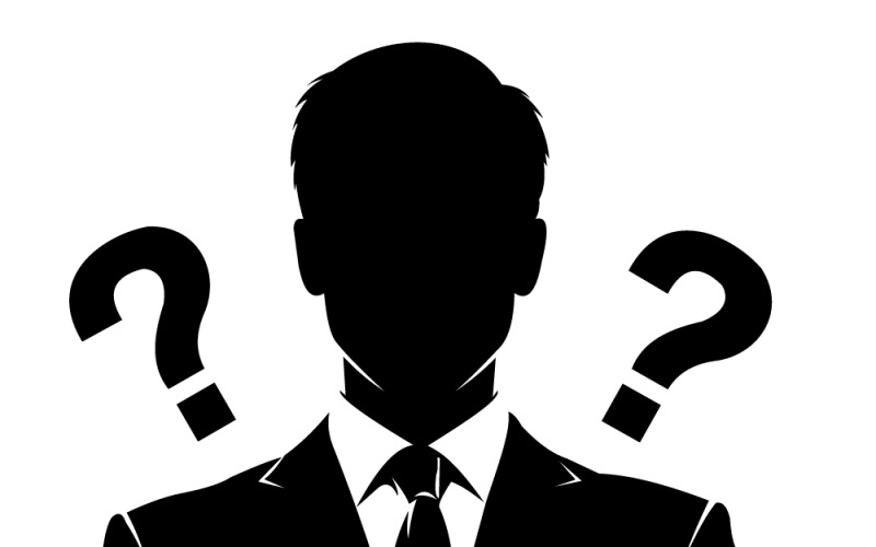 Silhueta de um empresário de terno com pontos de interrogação simbolizando incerteza e tomada de decisão.