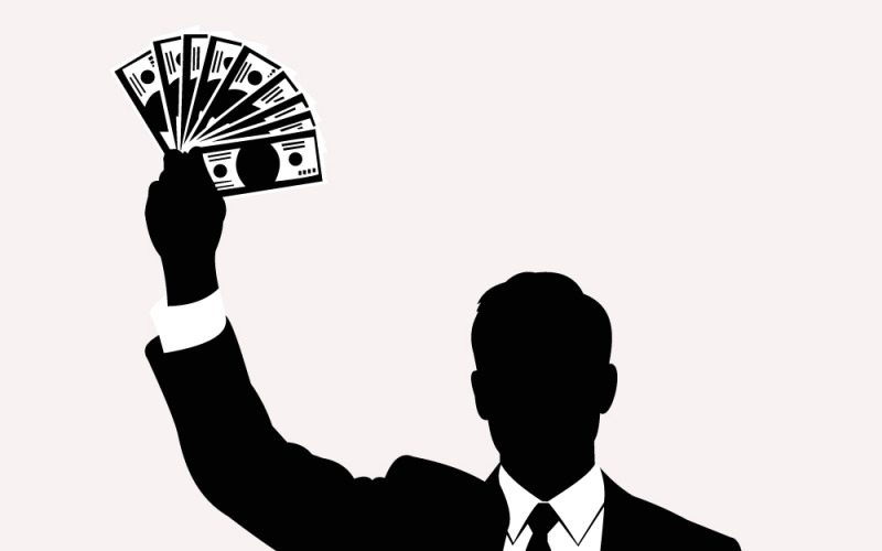 Zakenman die contant geld omhoog houdt, symbool voor rijkdom, succes en financiële voorspoed.