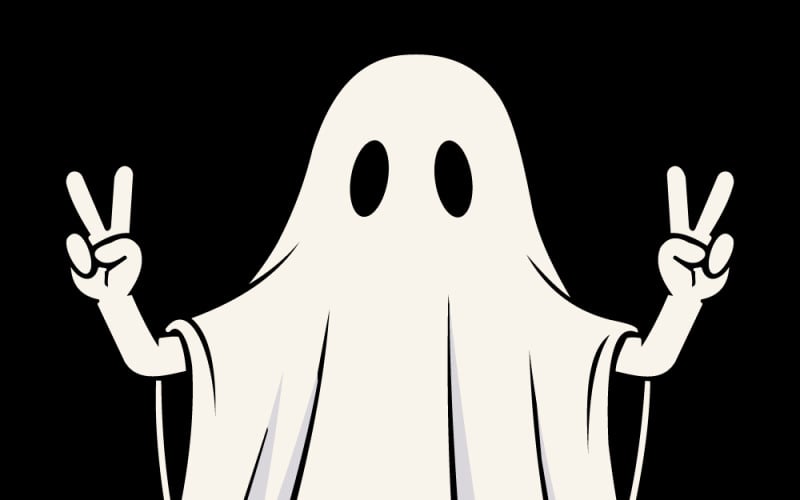 Un adorable fantôme de dessin animé fait le signe de la paix avec les deux mains