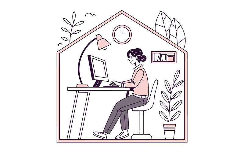 Una joven concentrada trabaja tranquilamente desde el acogedor rincón de su oficina en casa.