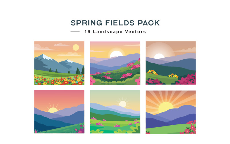19 Spring Fields Landscape Vector Pack