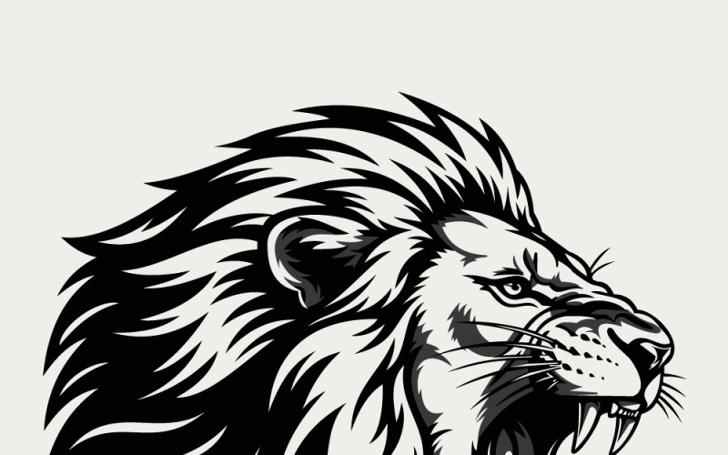 Illustration puissante d'une tête de lion en noir et blanc gras, idéale pour une mascotte ou un logo.