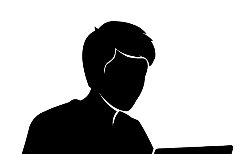 Силуэт человека, работающего за ноутбуком в современном офисном помещении, сосредоточенное использование компьютера.