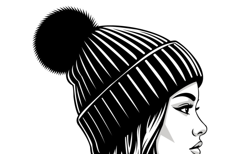 Stiliserat kvinnligt porträtt i mössa, vinterstil, svartvit illustration