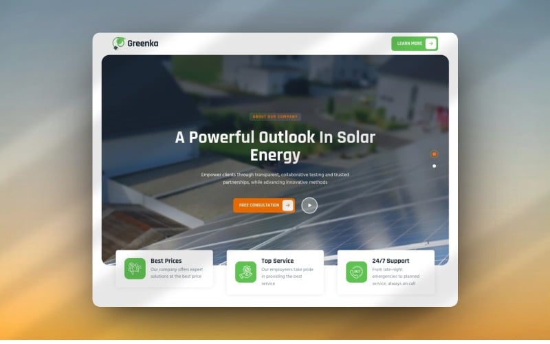 Greenka – Prémiová HTML šablona pro solární a obnovitelné zdroje energie