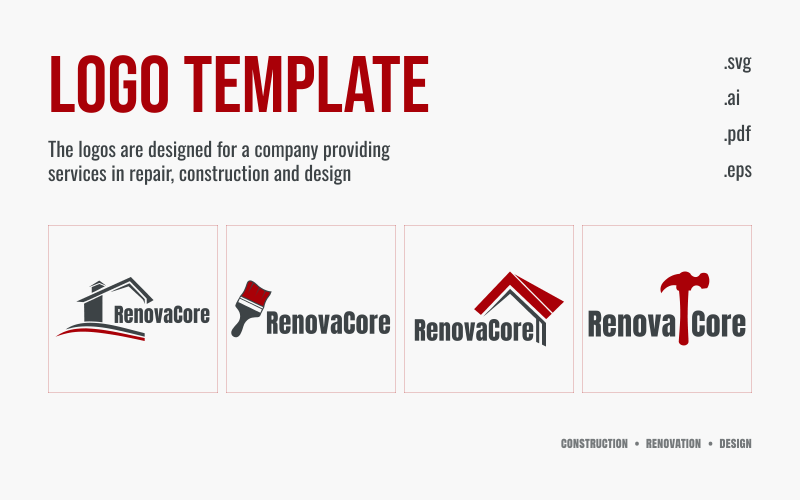 RenovaCore – Logo-sjabloonpakket voor reparatie-, bouw- en ontwerpbedrijven