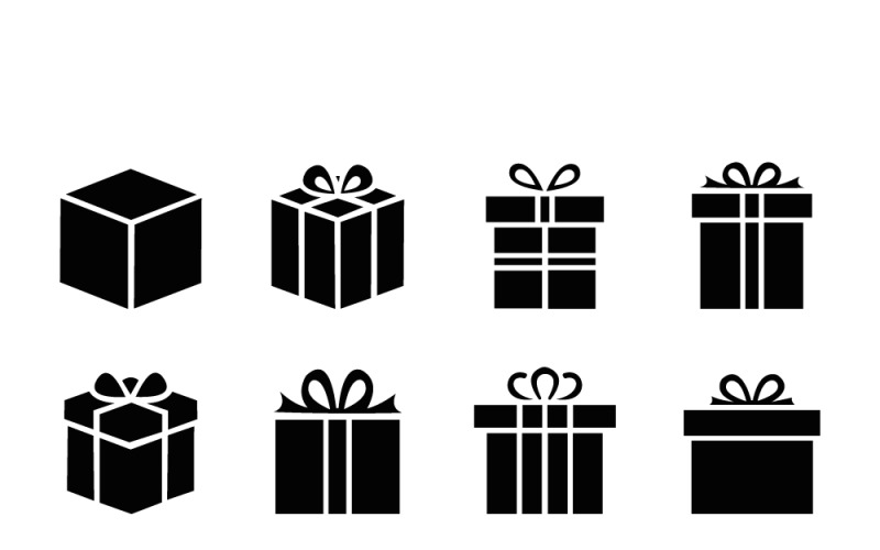 一套黑色礼盒图标剪影，适用于节日礼物和庆祝活动
