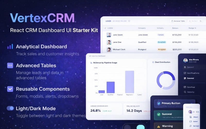 VertexCRM – React CRM Kontrol Paneli ve Kullanıcı Arayüzü Başlangıç Kiti