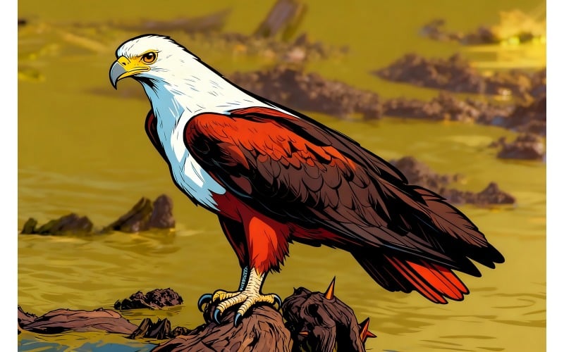 Africký orel odpočívající na skále u řeky Ornage (ilustrační obrázek AI + vektorová čárová grafika)