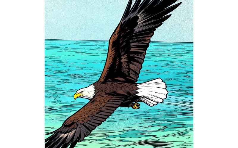 Vithövdad havsörn flyger på stranden mot himlen Marvel (AI-illustrationsbild + vektorgrafik)