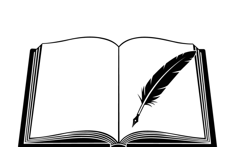 Illustration en noir et blanc d'un livre ouvert avec une plume d'oie posée sur ses pages blanches.