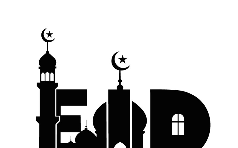 Eid Mubarak kalligrafie ontwerp met moskee silhouet en halve maan voor islamitische feestdagen