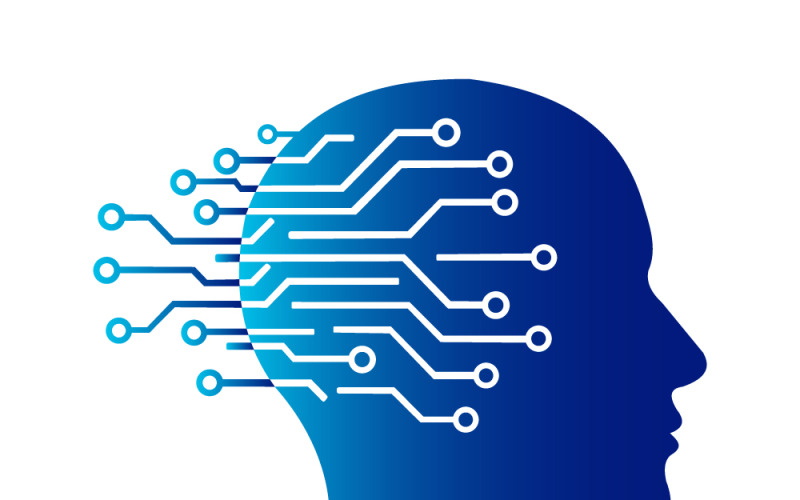 Une tête humaine bleue avec des lignes de circuit imprimé qui en sortent