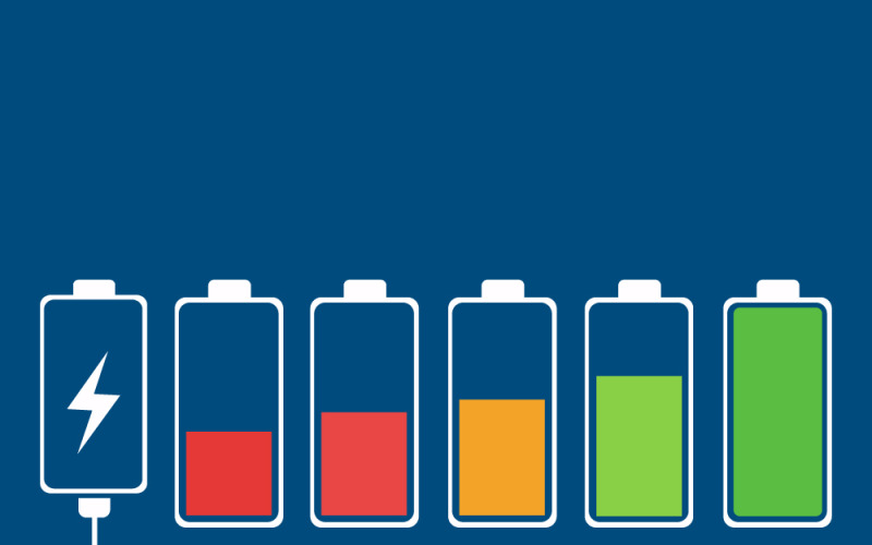 Illustration des niveaux de charge de la batterie avec icône de prise et pourcentages variables : 25 50 75 85 100