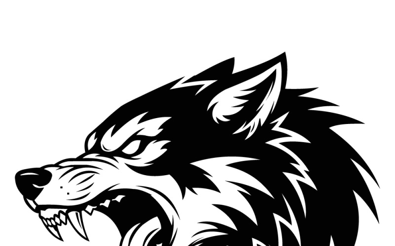 Emblème audacieux de tête de loup noir et blanc, illustration de mascotte tribale agressive pour équipe sportive