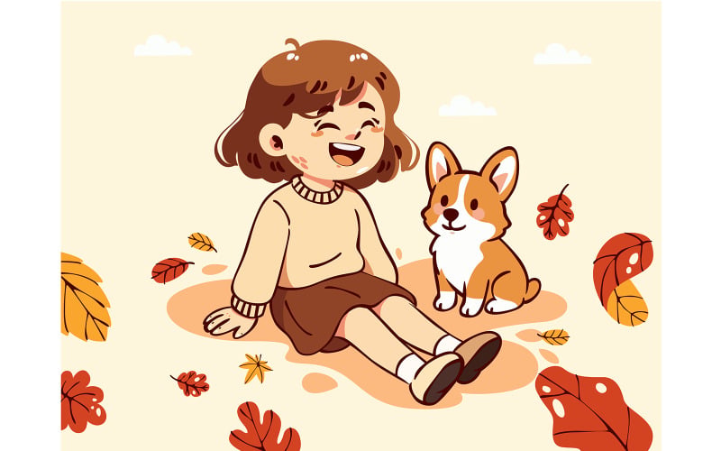 Tecknad illustration av flicka och hund som sitter på höstlöv