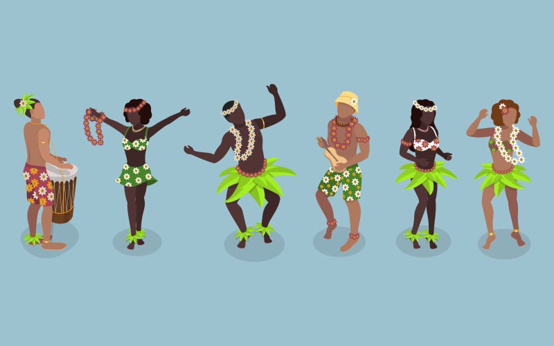 Bailarines hawaianos, personajes con trajes polinesios