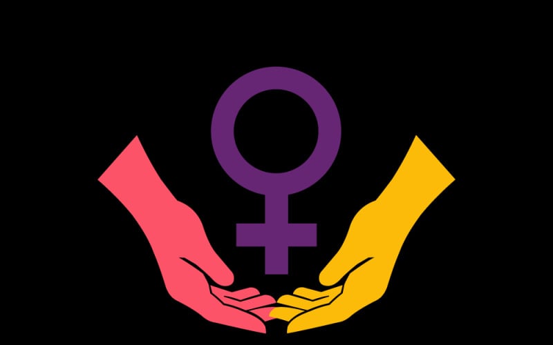 Uluslararası Kadınlar Günü için hazırlanmış, kucaklaşan elleri ve kadın sembolünü içeren grafik, 8 Mart kutlaması.