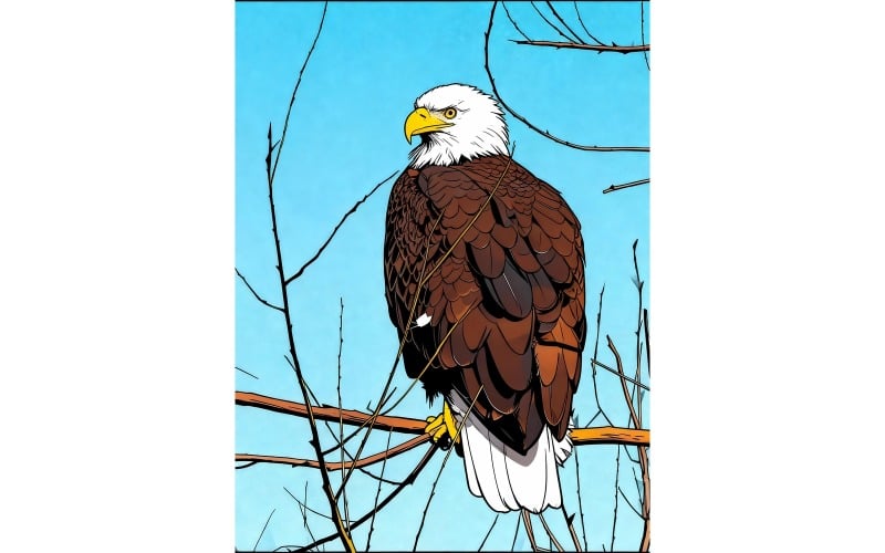 Águila posada en una rama, vista en ángulo bajo (imagen AI + arte lineal vectorial)